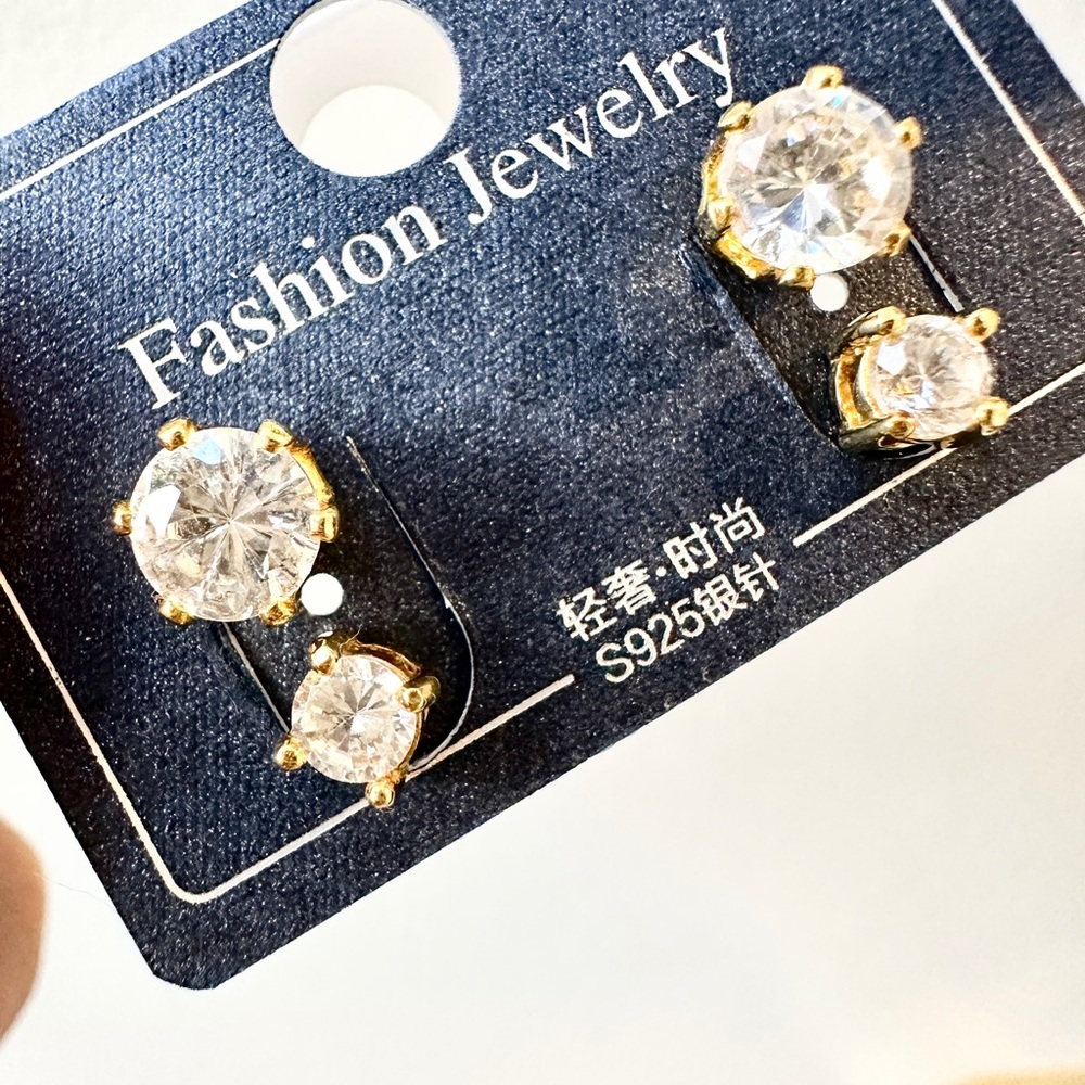 2 Pairs of CZ Stone and Gold  Accent Stud Earrings, Sterling Silver, 4mm & 6mm.